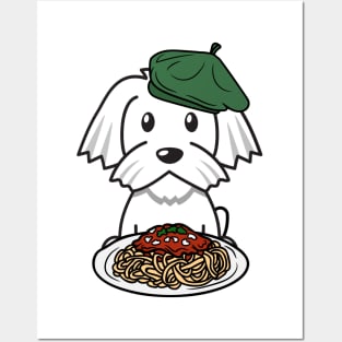 Cute white dog eating spaghetti Posters and Art